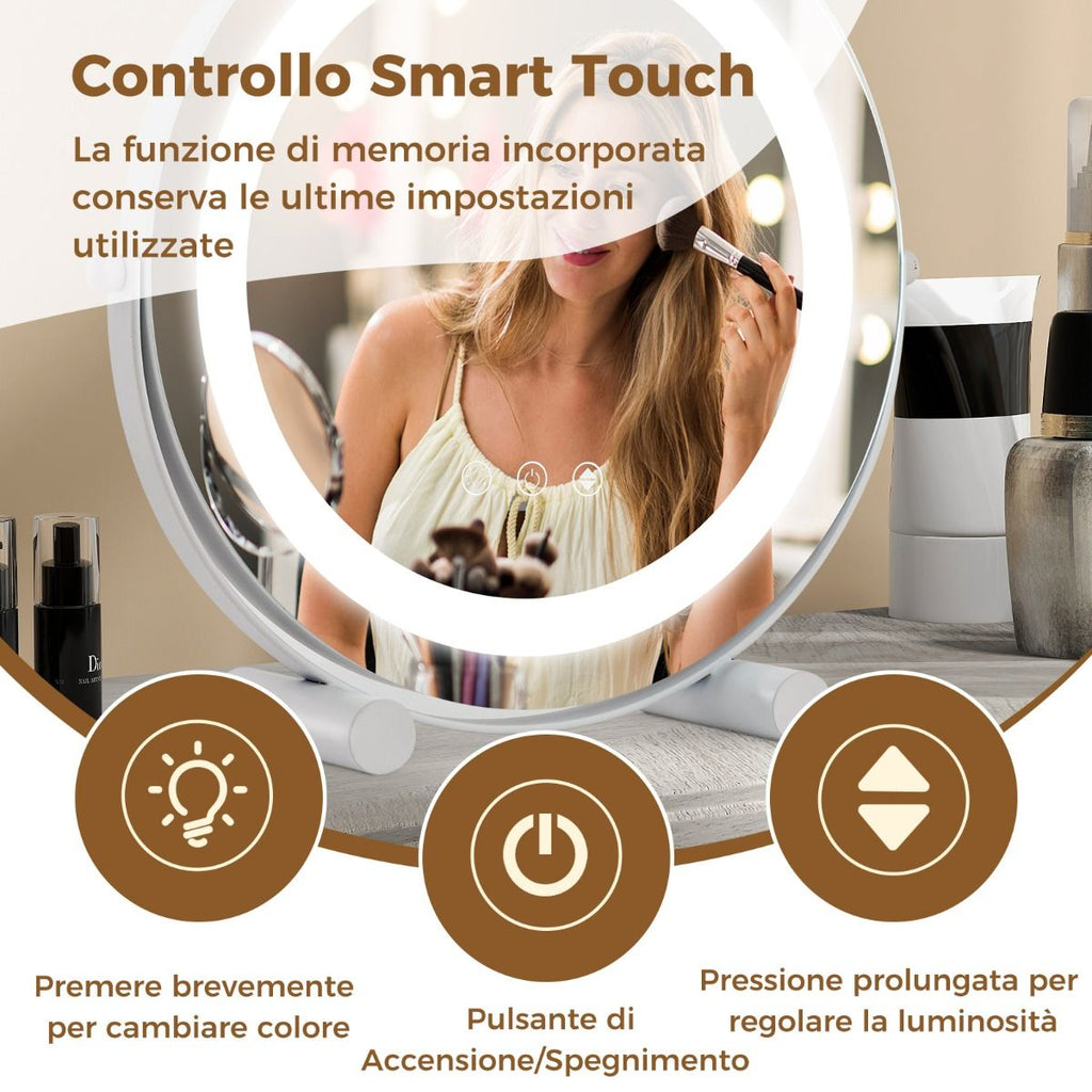 Specchio Da Toeletta Con Luci Luminosità Regolabile Controllo Tattile Intelligente, Specchio Rotondo Da 30Cm Bianco